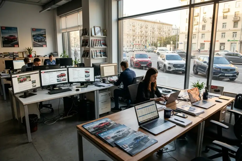 Редакция Чинавод — команда работает над обзорами китайских автомобилей в московском офисе с видом на улицу, где стоят Haval, Geely и Chery