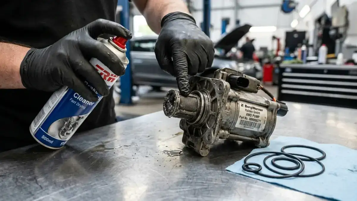 Снятый электронасос муфты BorgWarner с забитой продуктами износа сеткой заборника и новыми уплотнительными кольцами на верстаке автосервиса