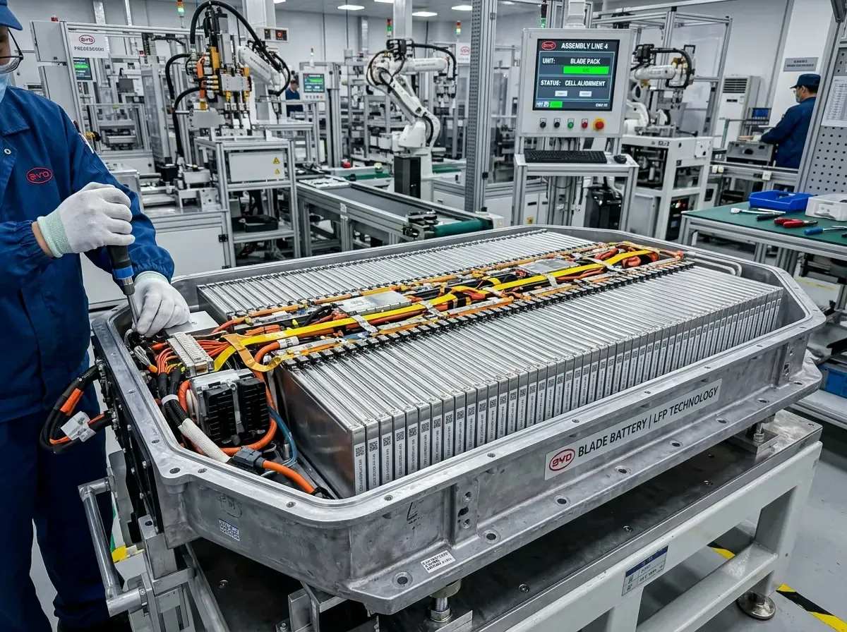 Сборка батарейного блока BYD Blade Battery на автоматизированной линии завода