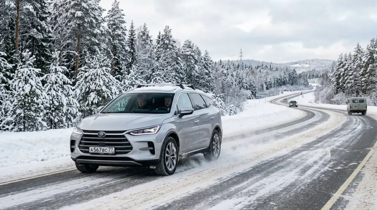 Электрокроссовер BYD Tang EV едет по заснеженному пригородному шоссе в окружении соснового леса