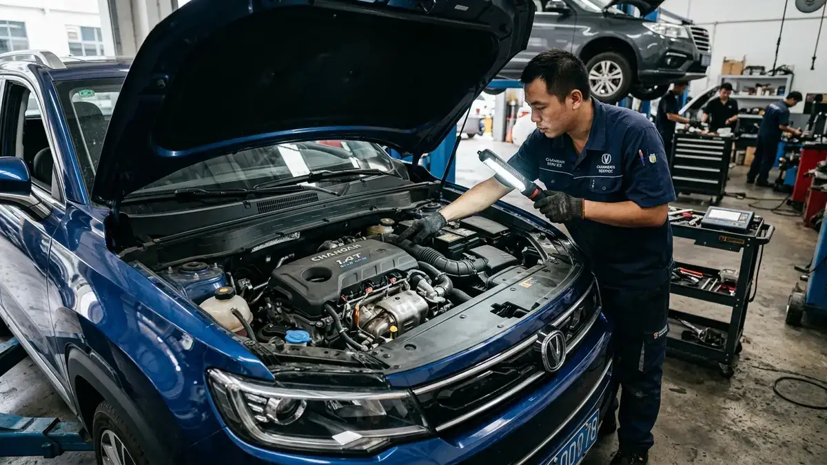 Автомеханик фирменного техцентра осматривает турбомотор 1.4T Blue Core под капотом Changan CS35 Plus