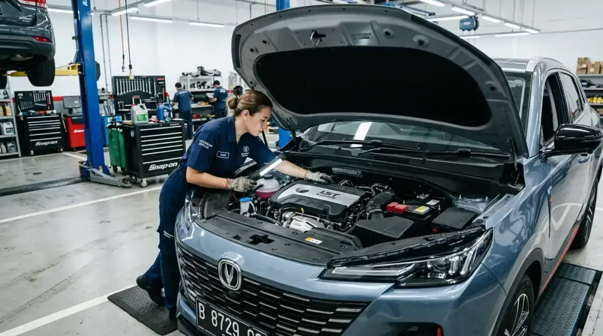 Опытный автомеханик производит диагностический осмотр мотора Blue Core 1.5T под капотом Changan CS55 Plus на СТО
