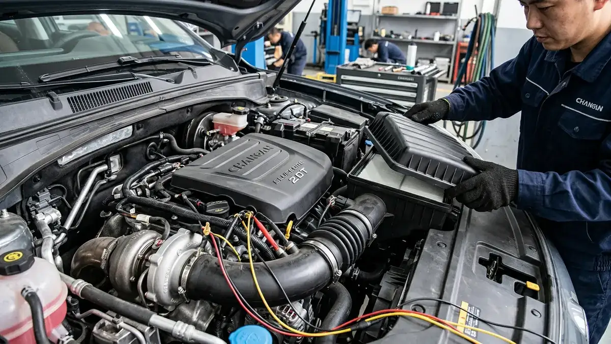 Подкапотное пространство Changan UNI-K 2.0T в процессе диагностической проверки перед чип-тюнингом
