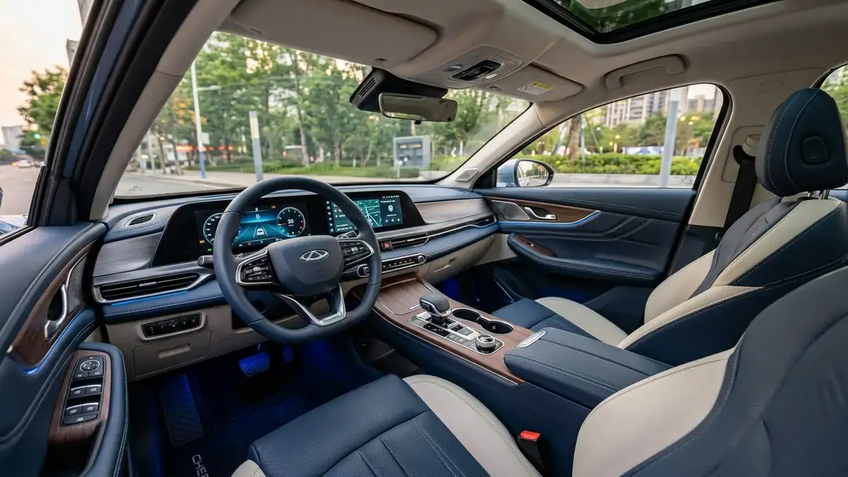 Просторный салон Chery Arrizo 8 со сдвоенными экранами мультимедиа и сине-бежевой кожаной отделкой