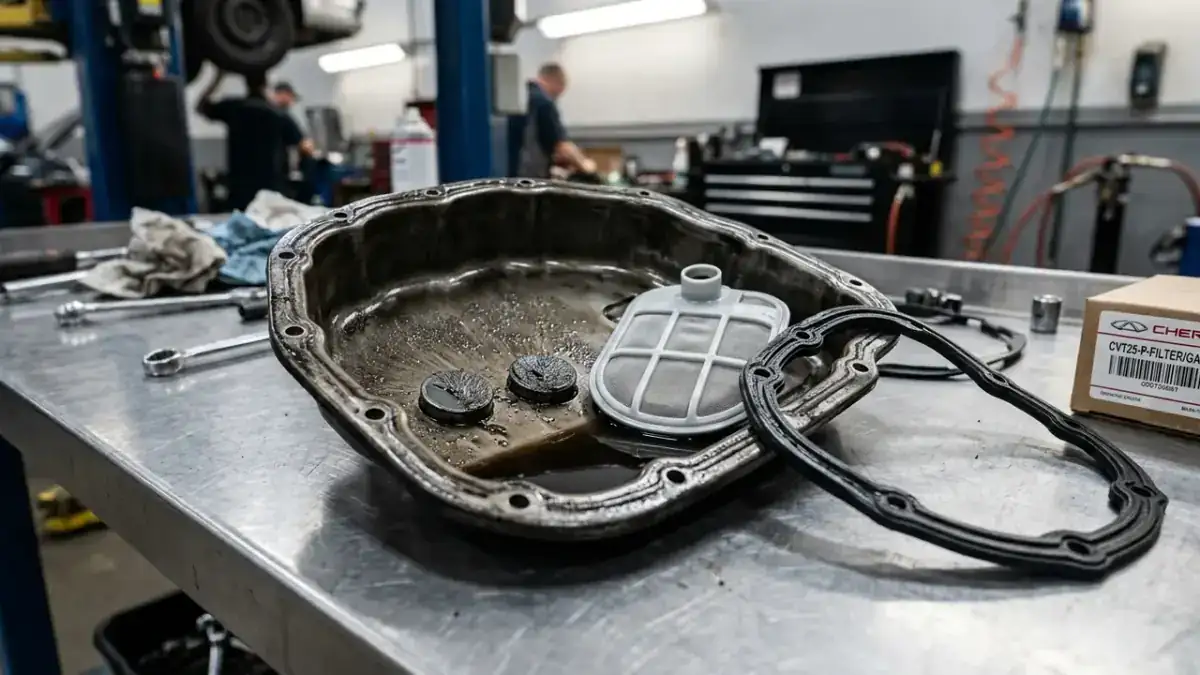 Снятый стальной поддон вариатора CVT25 с магнитами и новым фильтром грубой очистки на верстаке автосервиса