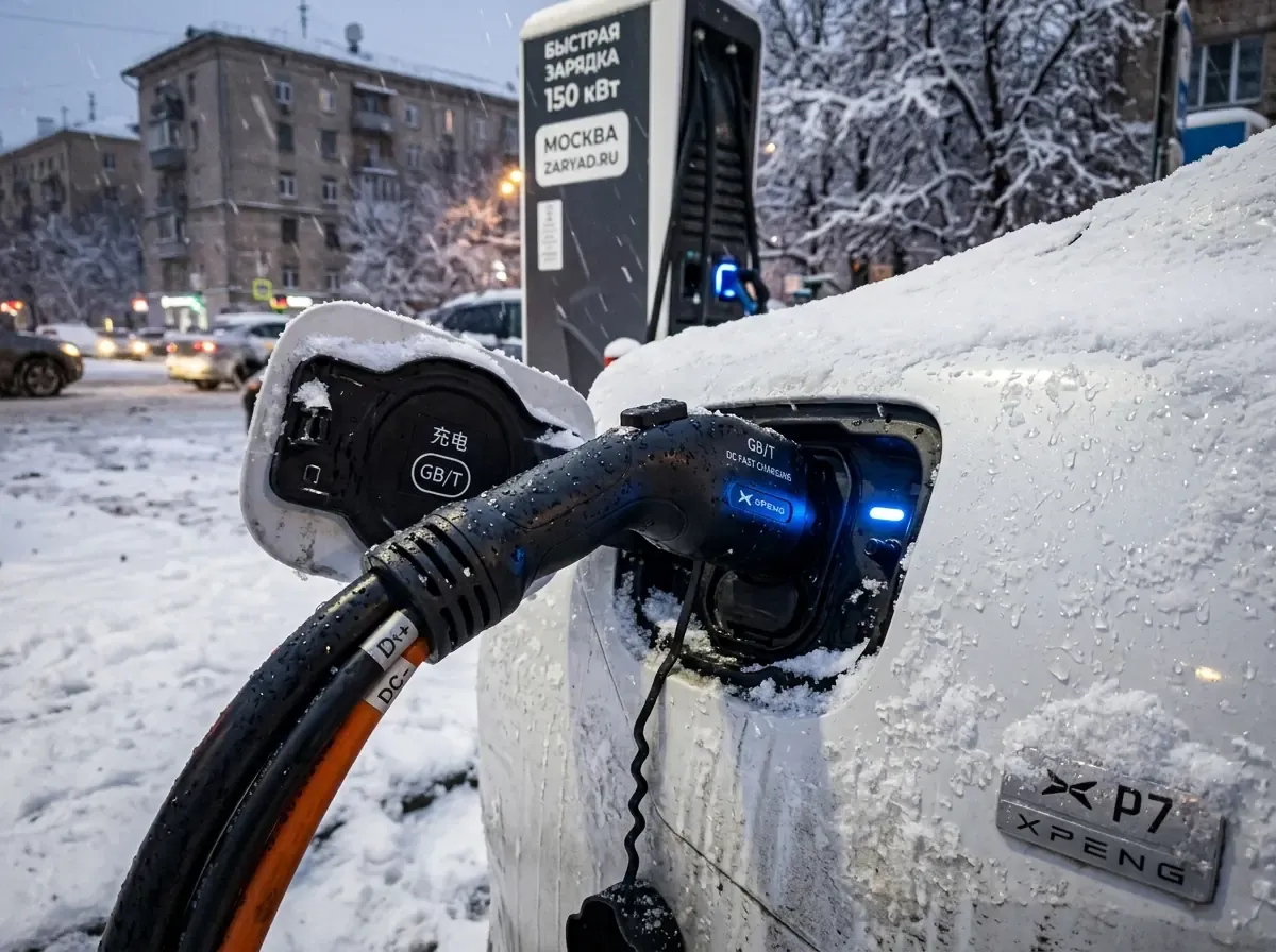 Тяжелый кабель быстрой зарядки подключен к белому электромобилю на зарядной станции в Москве