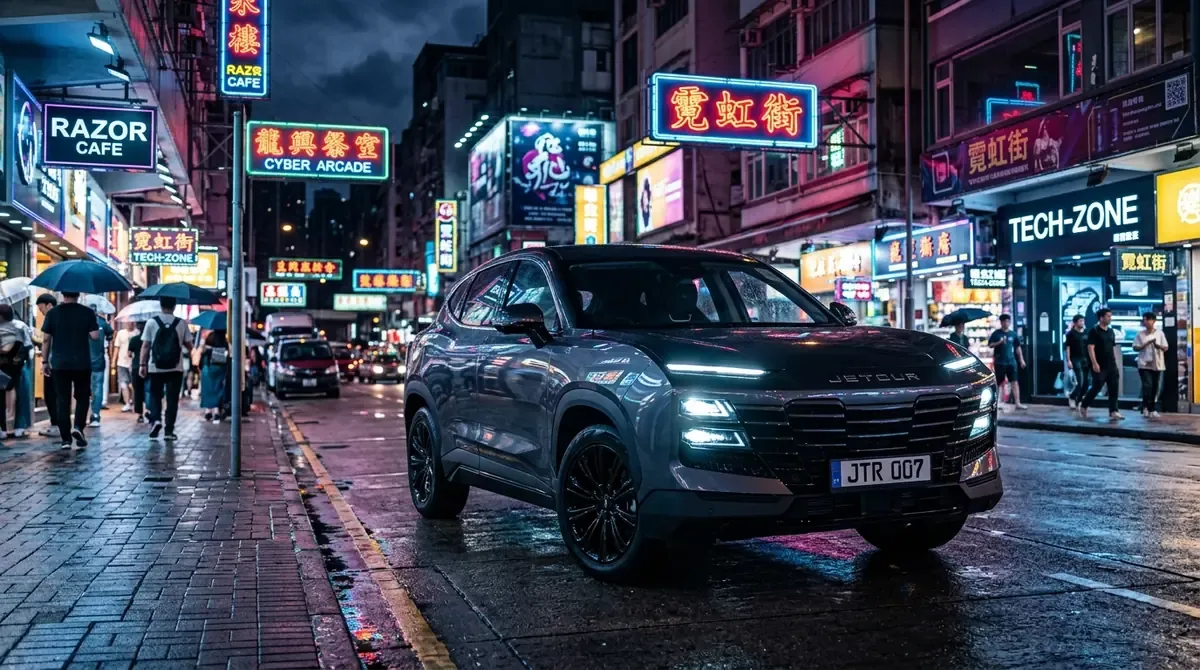Футуристичный кроссовер Jetour Dashing на городской парковке при вечернем неоновом освещении