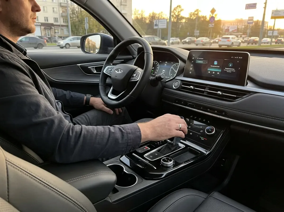 Мужская рука лежит на селекторе коробки передач в салоне Chery Tiggo 8 Pro Max