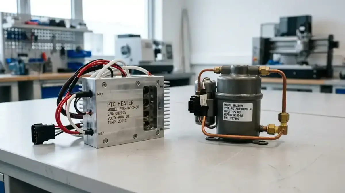 Металлический алюминиевый блок PTC нагревателя с проводами и роторный компрессор теплового насоса с медными трубками лежат рядом на рабочем столе автосервиса