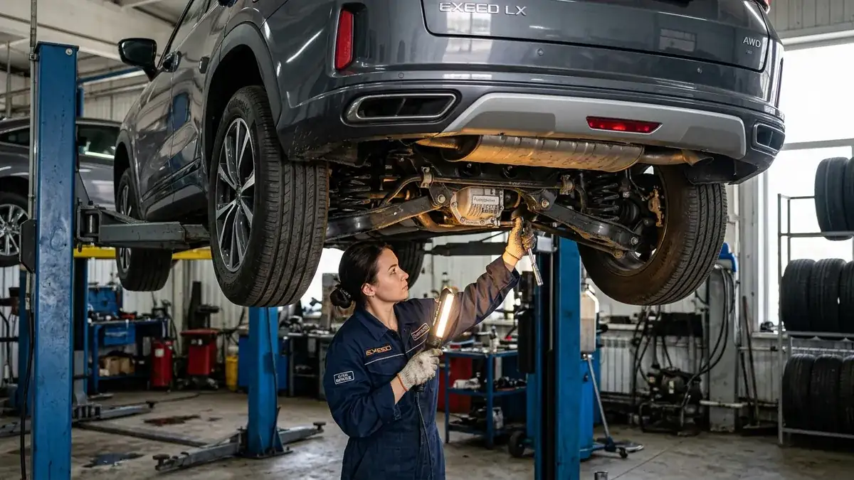 Осмотр независимой многорычажной подвески и муфты полного привода AWD кроссовера Exeed LX на подъемнике автосервиса