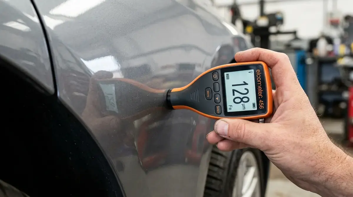 Прибор толщиномер Elcometer 456 прижат к серому металлическому крылу автомобиля и показывает значение толщины краски в 128 микрометров