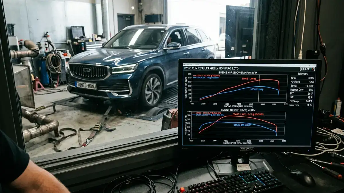 Графики мощности и крутящего момента Geely Monjaro на мониторе диностенда: сток 238 л.с. против Stage 1 290 л.с.