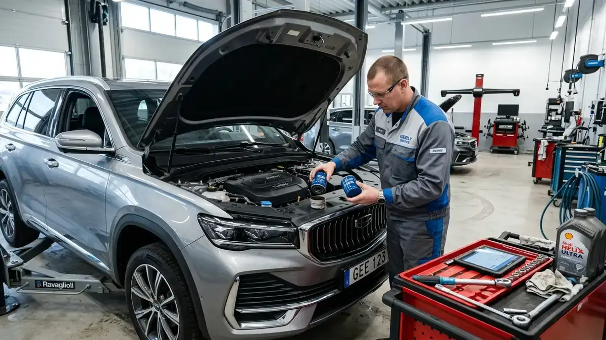 Оригинальные расходники и фильтры для Geely Monjaro на верстаке в специализированном автосервисе