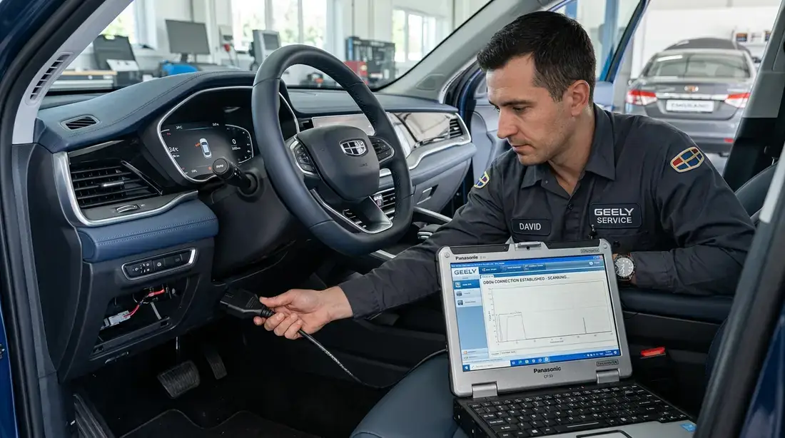 Подключение диагностического сканера к порту OBD2 под рулем Geely Monjaro в автосервисе