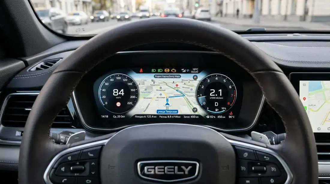 Цифровая приборная панель Geely Monjaro на русском языке с картой навигатора между шкалами приборов