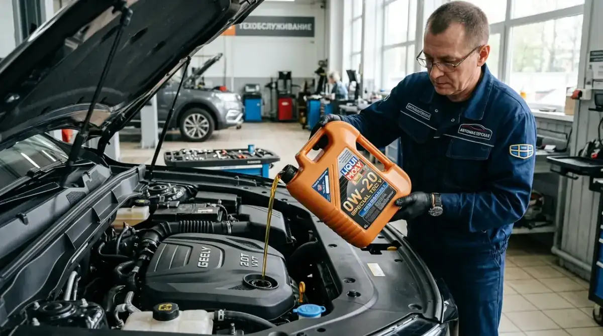Заливка свежего моторного масла 0W-20 спецификации Volvo VCC RBS0-2AE в двигатель Geely Monjaro