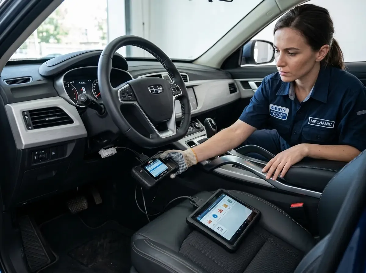 Салон Geely Atlas Pro с левым рулем, фокус на педальный узел водителя