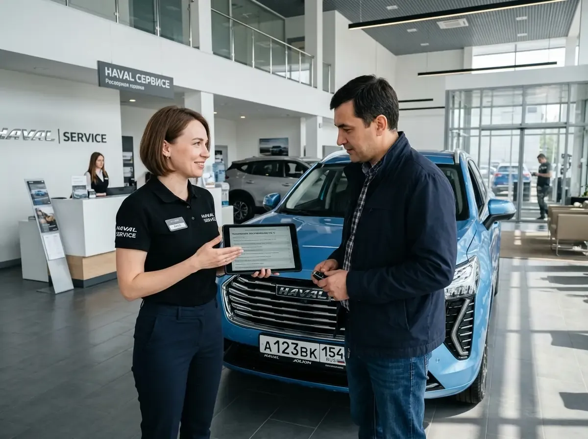 Сервисный консультант объясняет клиенту карту планового обслуживания Haval Jolion