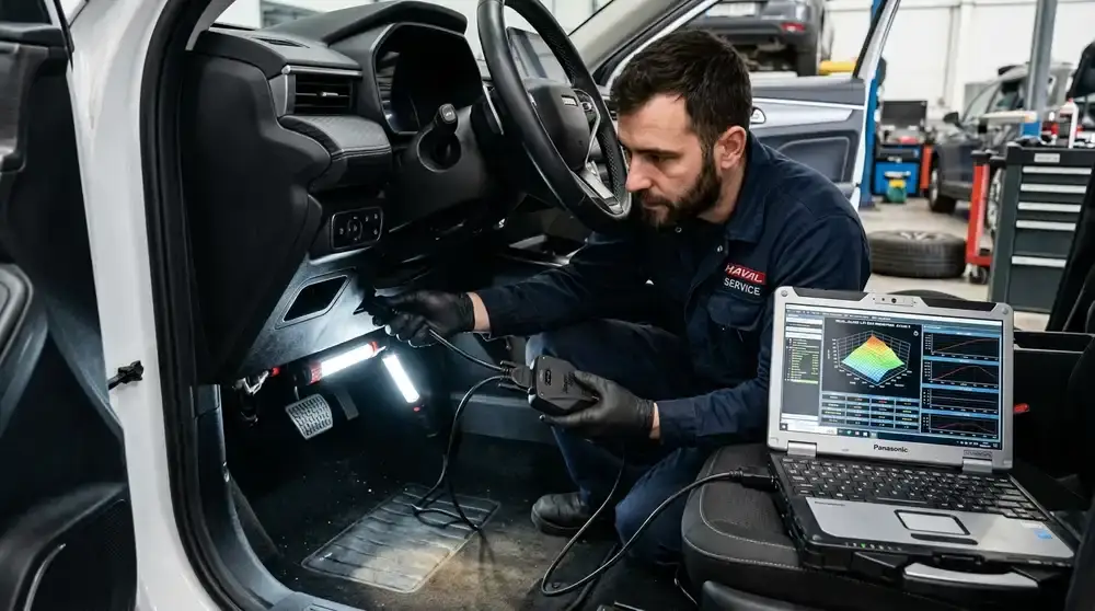 Белый кроссовер Haval Jolion в салоне тюнинг-ателье, специалист подключает программатор к диагностическому разъему под рулевой колонкой