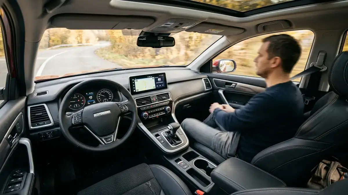 Просторный салон Haval M6 с высокой центральной консолью, экраном 10.25 дюймов и удобным рулем