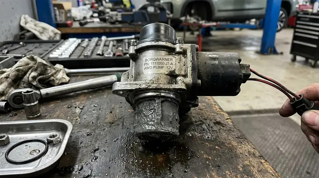 Демонтированный электронасос муфты BorgWarner Jaecoo J7 с забитой сеткой масляного заборника