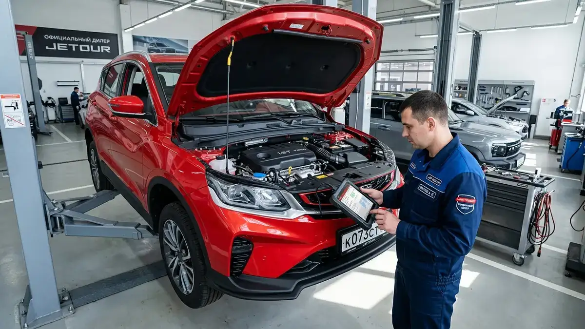Сертифицированный специалист дилерского техцентра Jetour проверяет двигатель 1.5T и коробку передач 6DCT на подъемнике