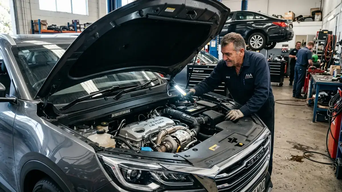 Автомеханик сервисного центра проводит диагностику двигателя 1.6 TGDI под капотом кроссовера Jetour X70 Plus