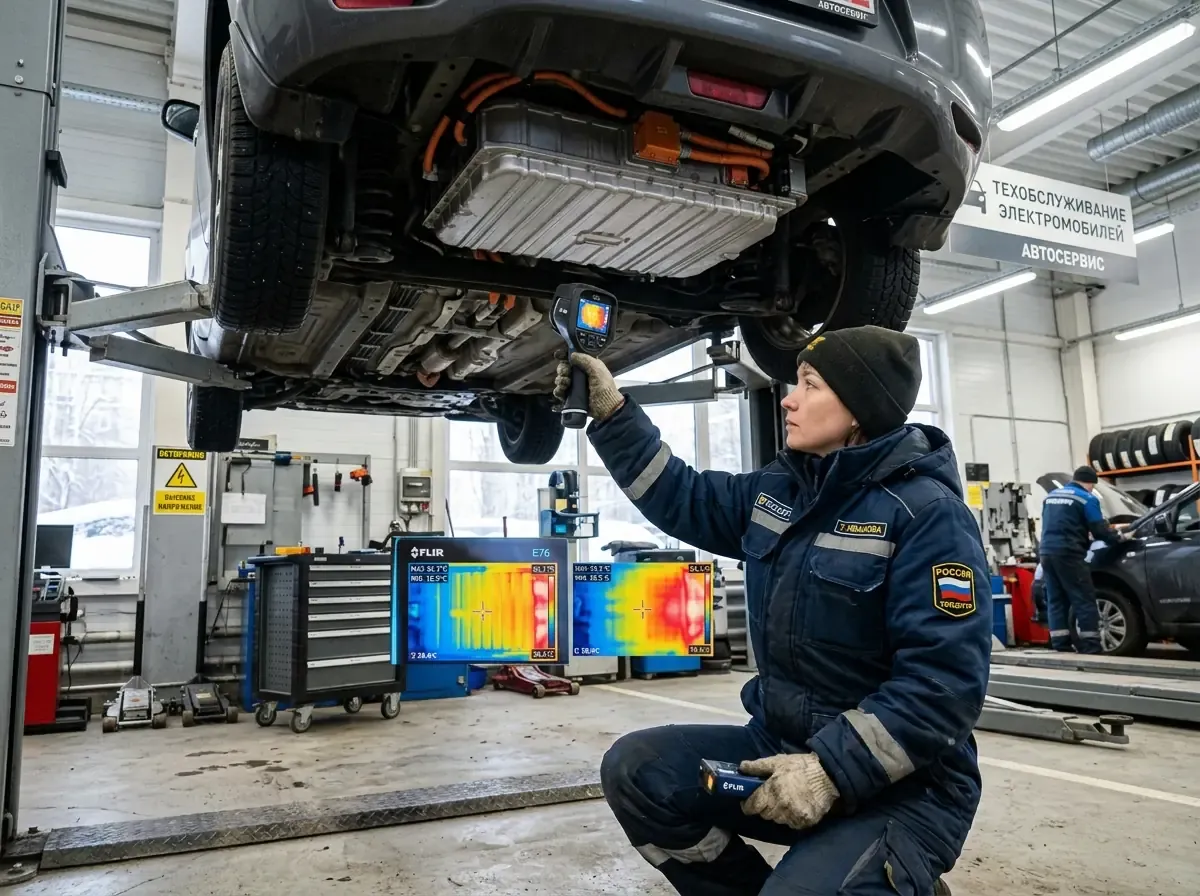Измерение тепловизором температуры аккумуляторного блока на сервисе
