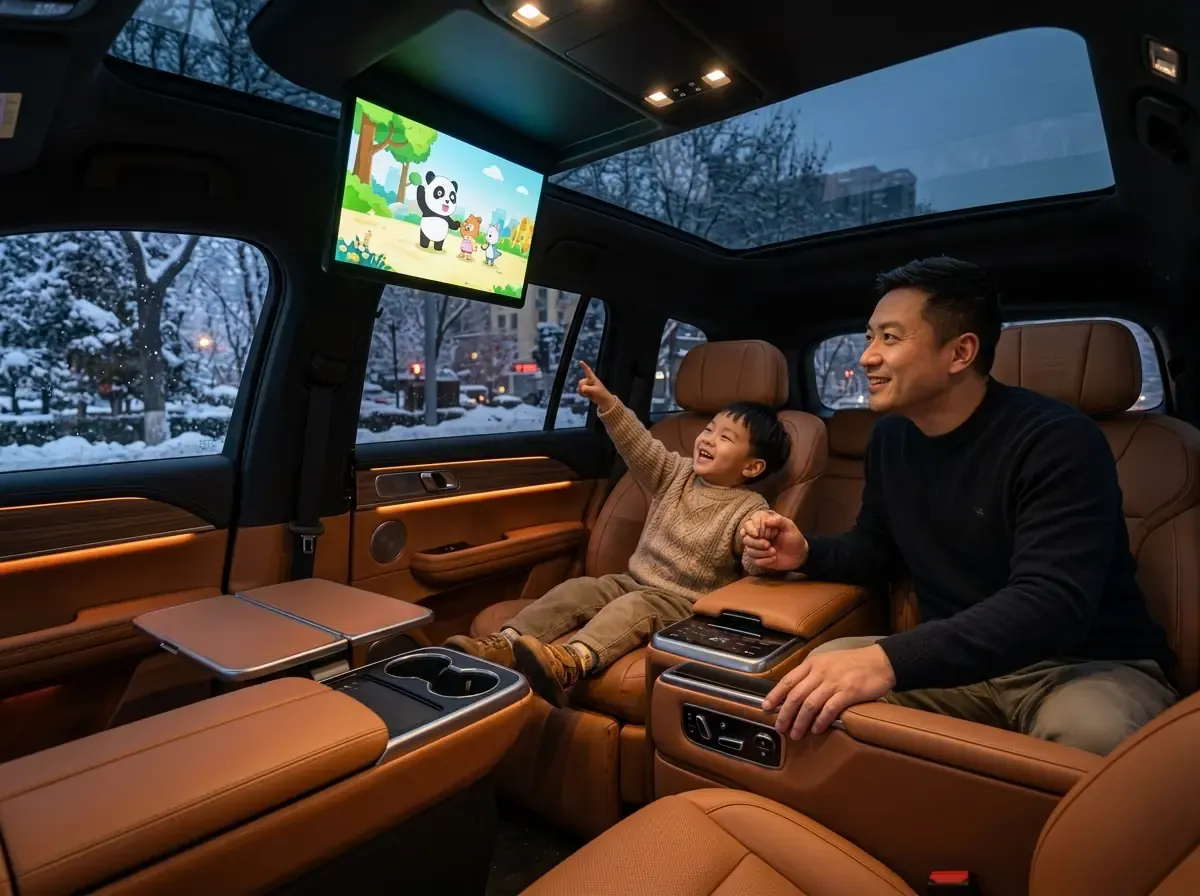 Большой кроссовер Li Auto L9 едет по заснеженной трассе М-10 между Москвой и Санкт-Петербургом зимой