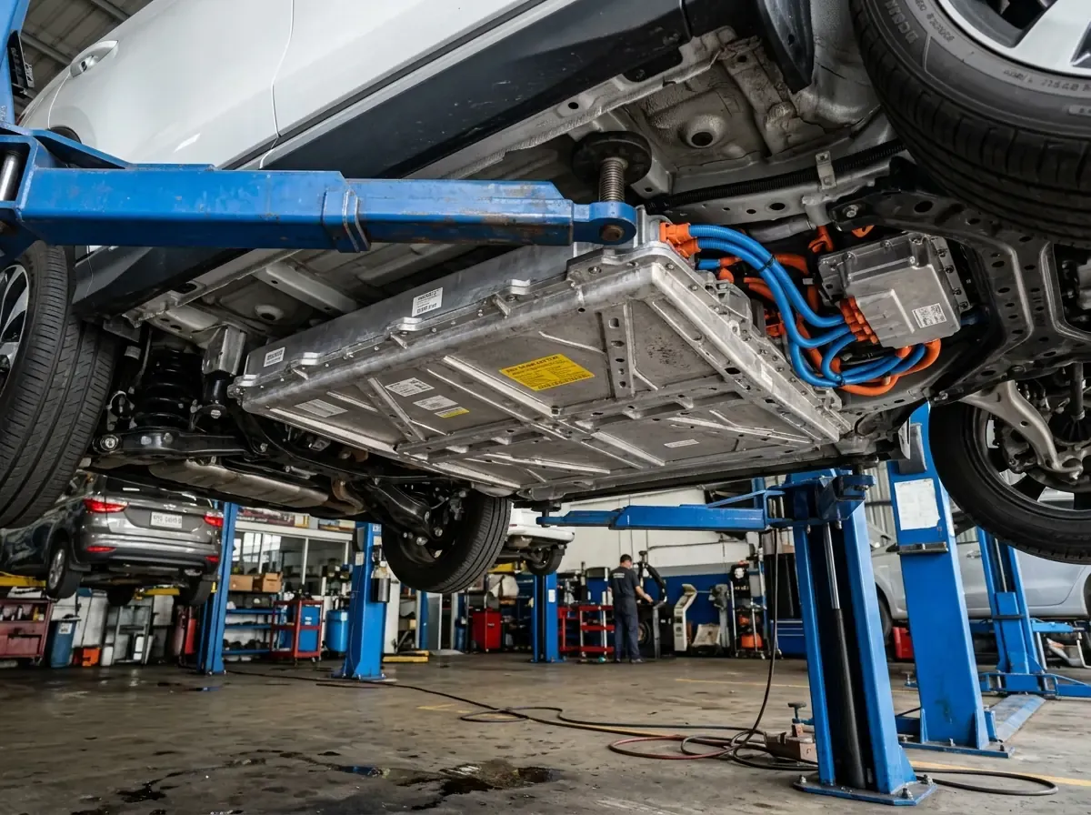 Силовая батарея Blade Battery под днищем кроссовера BYD Song Plus на автоподъемнике в сервисе