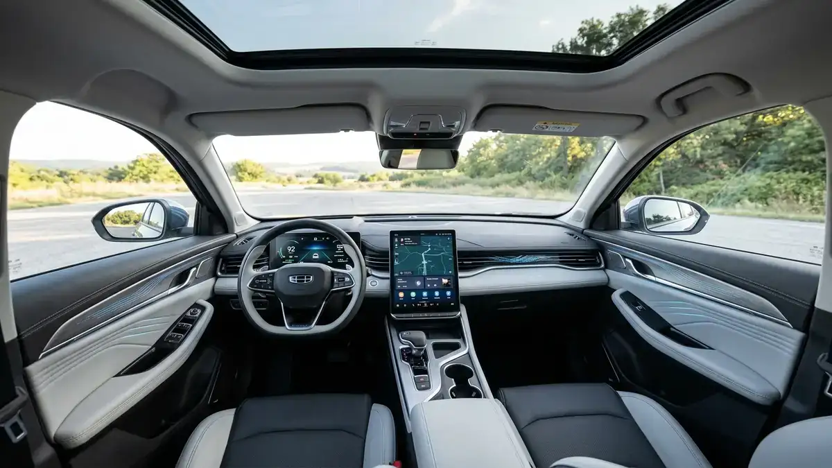 Футуристичный интерьер нового Geely Atlas с вертикальным экраном 13.2 дюйма и панорамным остеклением