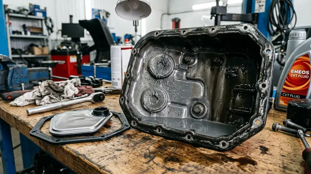 Снятый поддон вариатора CVT25 Omoda C5 с металлическим налетом на магнитах и новым фильтром грубой очистки