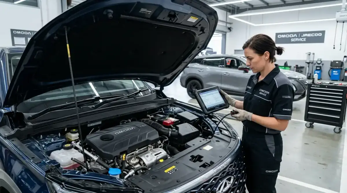 Серебристый кроссовер Omoda C5 с открытым капотом в сервисной зоне официального дилера, сервисный специалист диагностирует мотор с помощью планшета