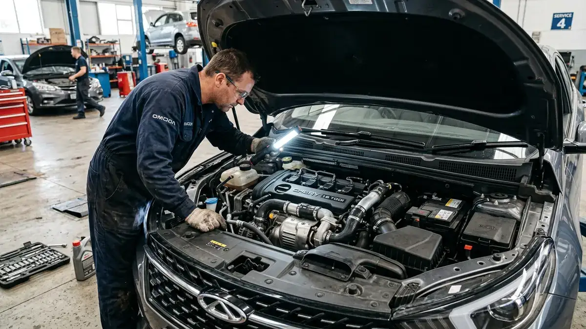 Автомеханик сервисного центра проводит осмотр и диагностику двигателя 1.6 TGDI под капотом Omoda S5 GT