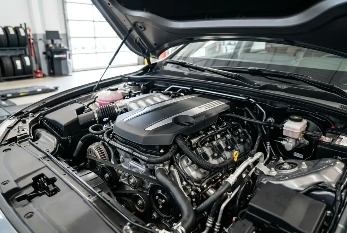 Современный четырехцилиндровый двигатель под открытым капотом автомобиля
