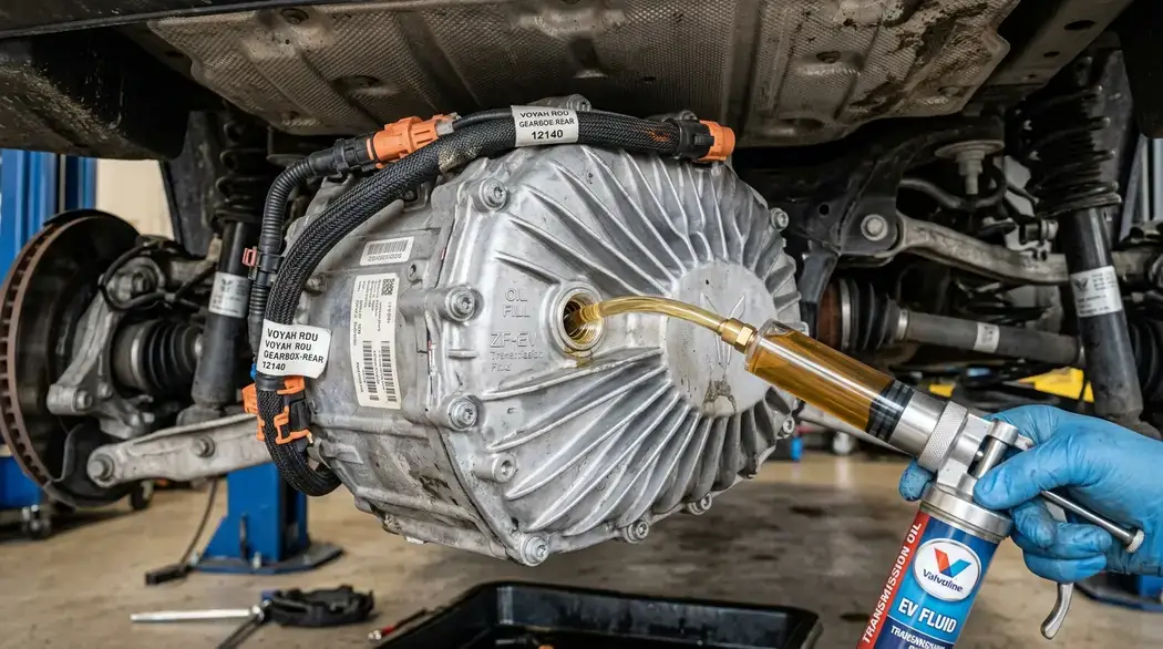 Заливка свежего золотистого трансмиссионного масла Valvoline EV Fluid в заливное отверстие заднего редуктора Voyah Free